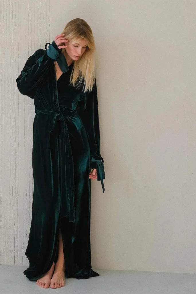 Women Teal Green Velvet Robe