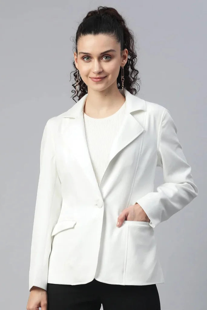 Women White Single Breasted Blazer