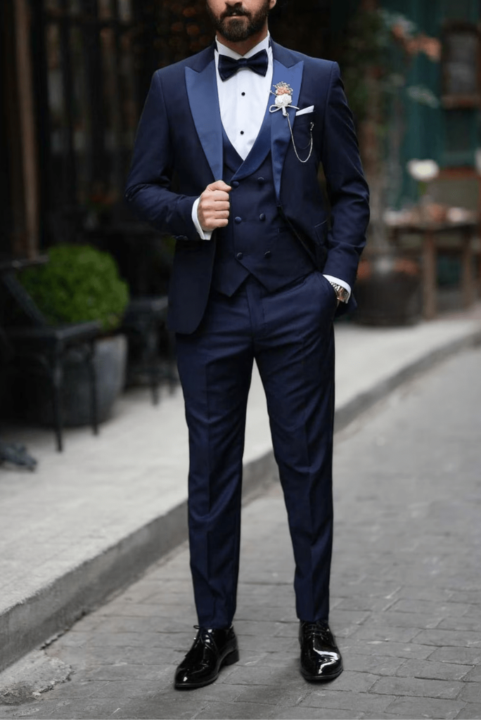 slim navy suit with waistcoat bowtie - Google Search  Wedding suits  groomsmen, Blue suit wedding, Wedding suits men