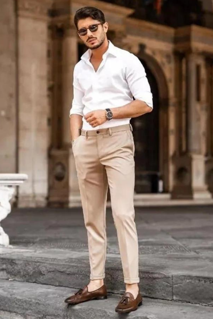 brown pants white shirt outfit for men｜TikTok Search