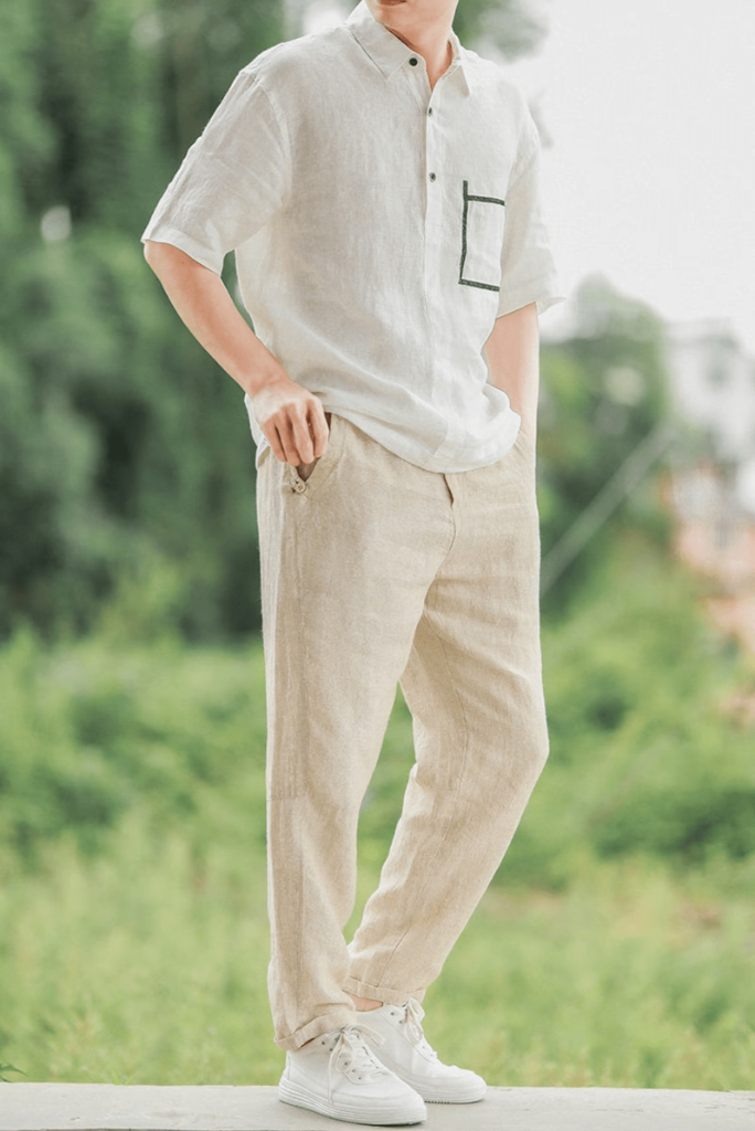 Buy Beige High Rise Striped Linen Pants For Women Online in India | VeroModa