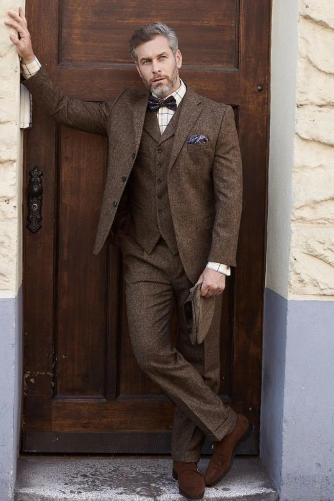 Brown 17 Num 3 Piece Tweed Suit Men Wedding Suit Groom Brown 