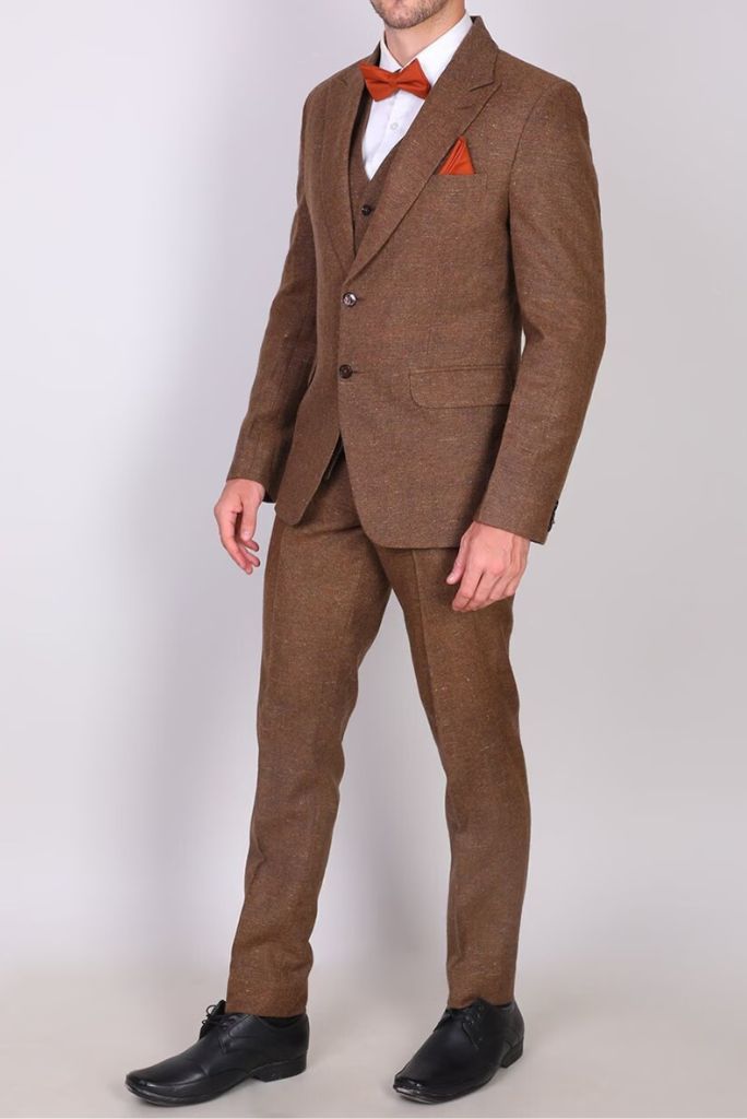 Men Brown Tweed Winter Outwear Three Piece Suit Formal Prom Wear Wedding  Suit Winter Gift For Him