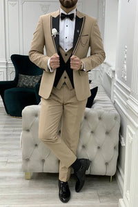 Men 3 Piece Tuxedo Suit Slim Fit Suit Beige Wedding Suit Sainly