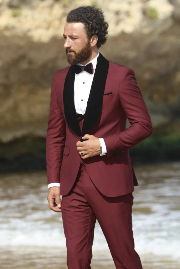 Men Maroon Wedding Suit Tuxedo Slim Fit Suit Groomsmen Suit Sainly