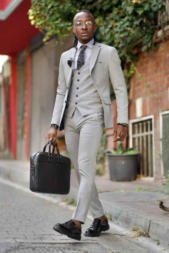 Mens Grey Suit 3 Piece Slim Fit Suit Jacket Evening Party Wear Formal Coat  Pants
