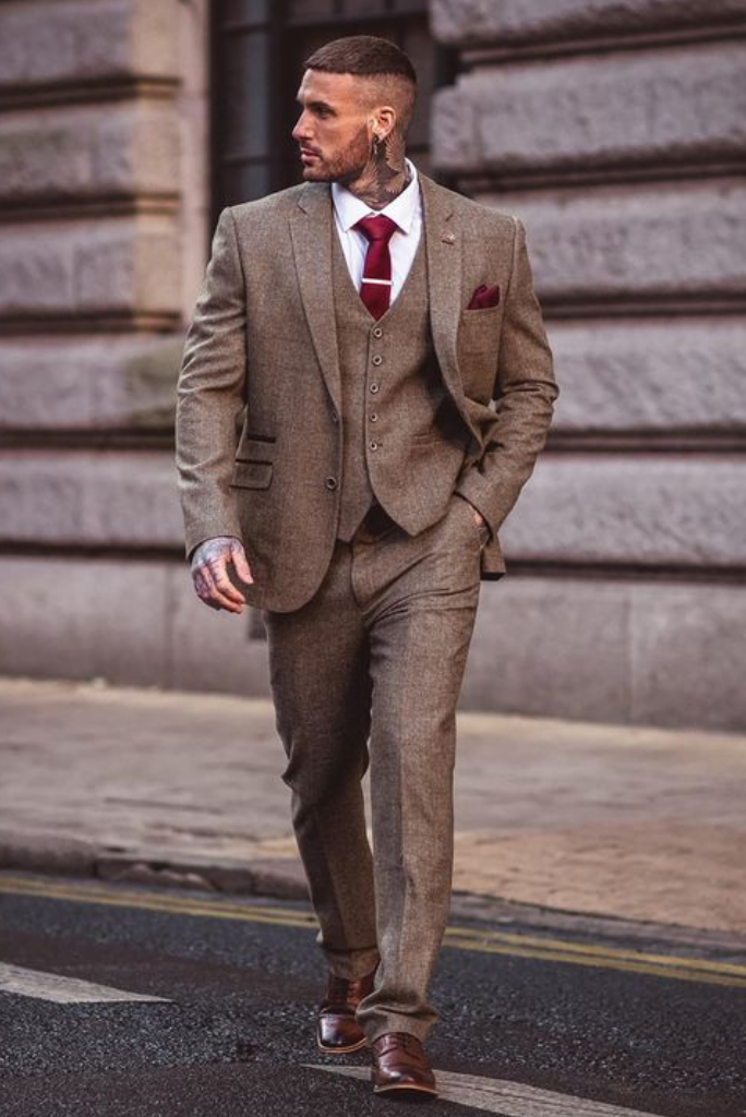Latest linen men 3 peice suit wedding suit for men in brown colour for  grooms