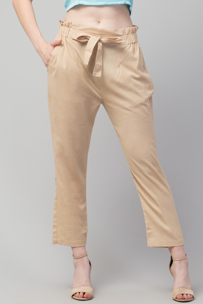 Women Cream Cotton Linen Ankle Length Trousers With Pocket and Belt