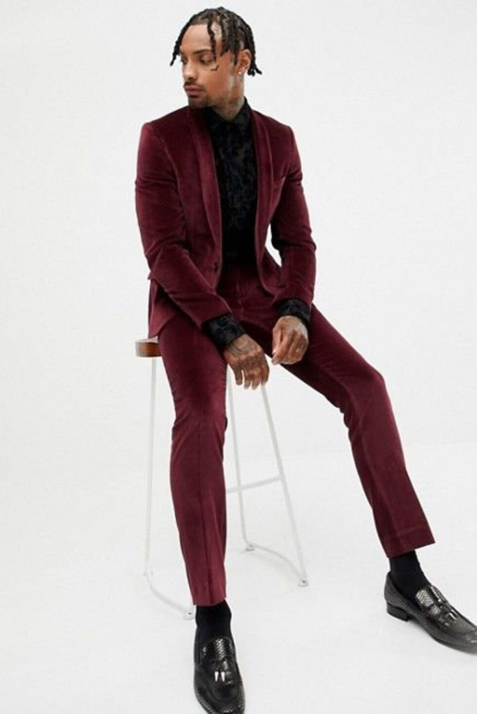 Men Velvet Suits 2 Piece Blazer & Pants Slim Fit Velvet Suit Set
