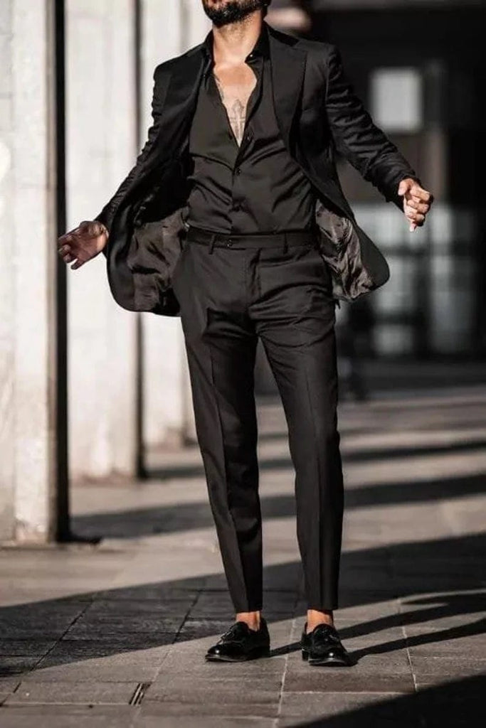 Two button black suit  Mens outfits, Men suits black, New mens fashion