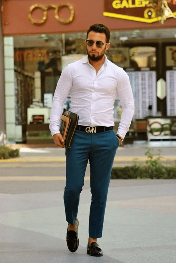 Khaki pants and a white button-up shirt are an iconic menswear combination.  What keeps this look fresh instea… | Mens outfits, Pants outfit men, Mens  fashion casual